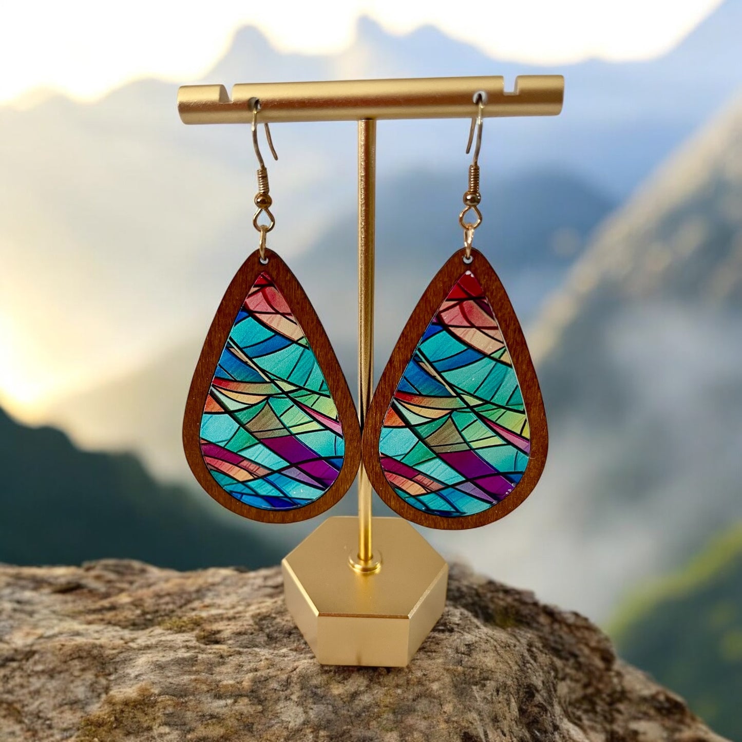 Vibrant Stained Glass Teardrop Wooden Earrings