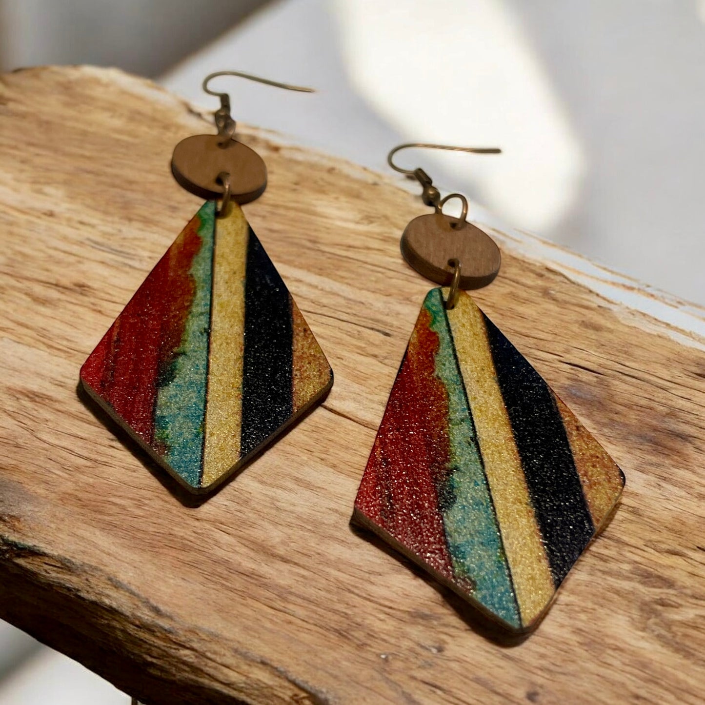 Colorful Striped Wooden Diamond Shaped Earrings