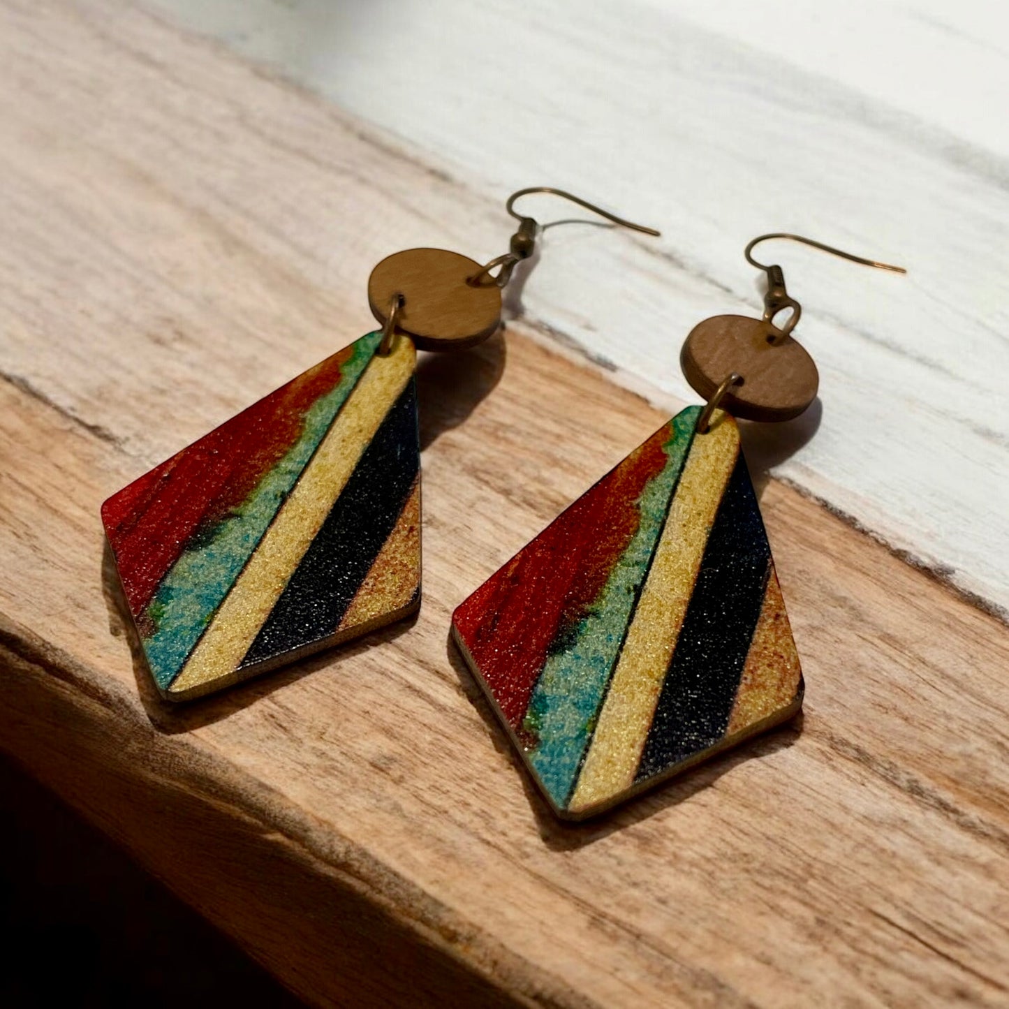 Colorful Striped Wooden Diamond Shaped Earrings