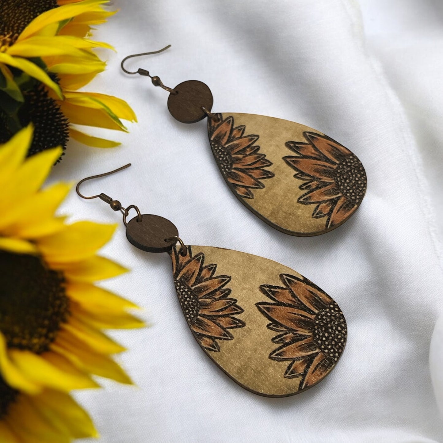 Wooden Sunflower Teardrop Earrings – Rustic Boho Style