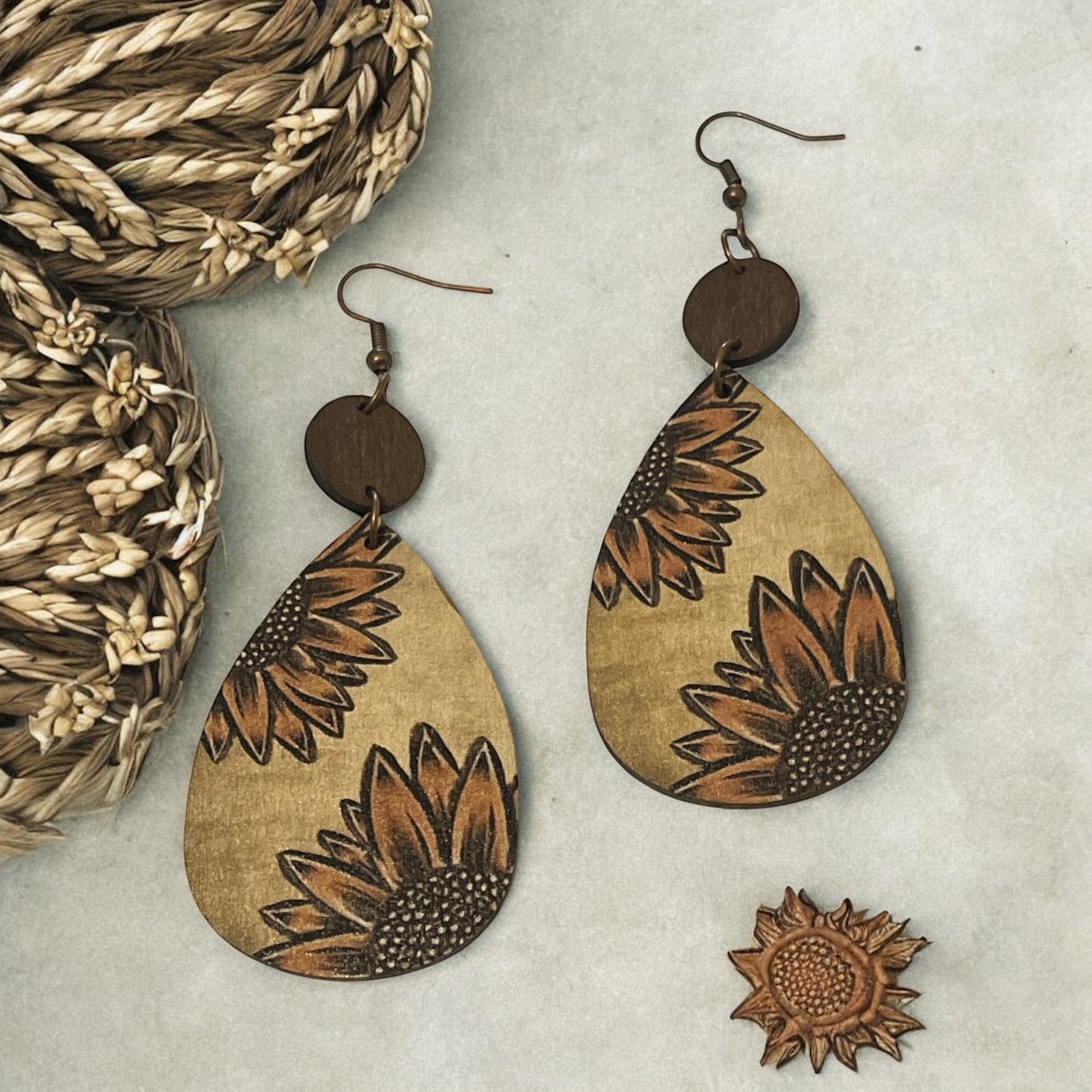 Wooden Sunflower Teardrop Earrings – Rustic Boho Style