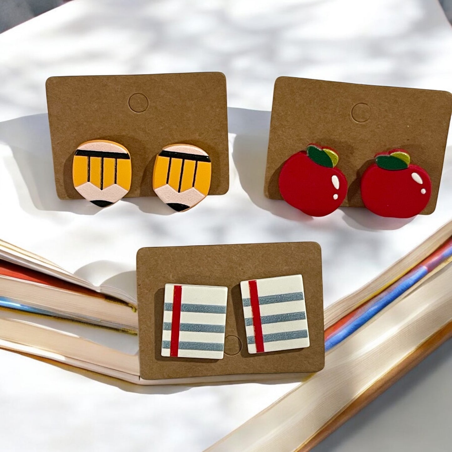 Teacher-Inspired Stud Earring Set – Pencil, Apple & Notebook