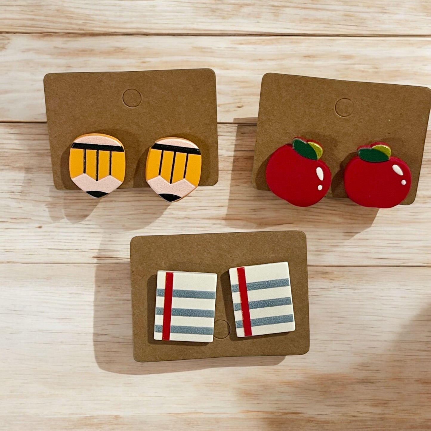 Teacher-Inspired Stud Earring Set – Pencil, Apple & Notebook