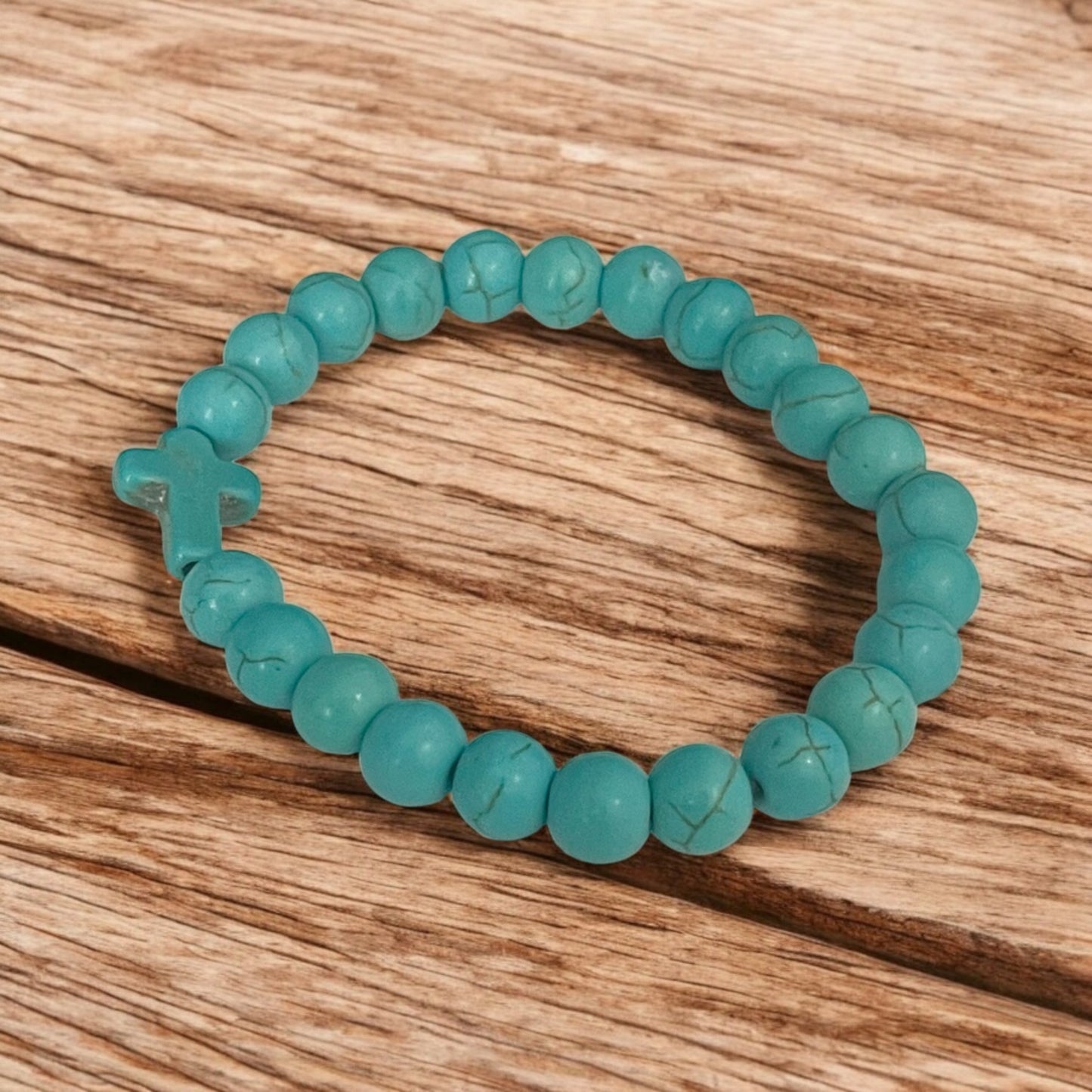 Turquoise Cross Beaded Bracelet – Stretchy Faith & Inspiration Jewelry