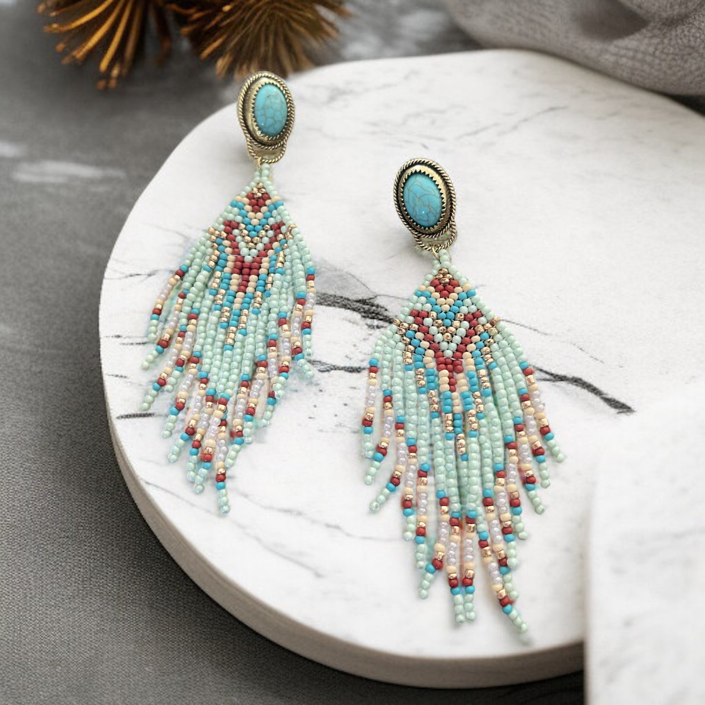 Turquoise Beaded Fringe Earrings with Teal Stud – Boho Western Statement Jewelry