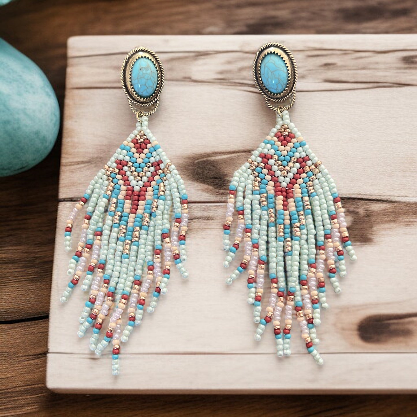 Turquoise Beaded Fringe Earrings with Teal Stud – Boho Western Statement Jewelry