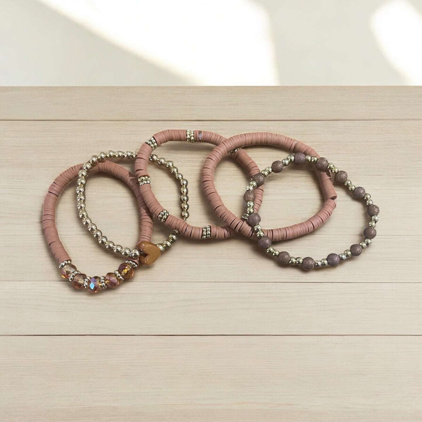 Elegant Brown & Gold 5-Stack Polymer Clay Bracelet Set