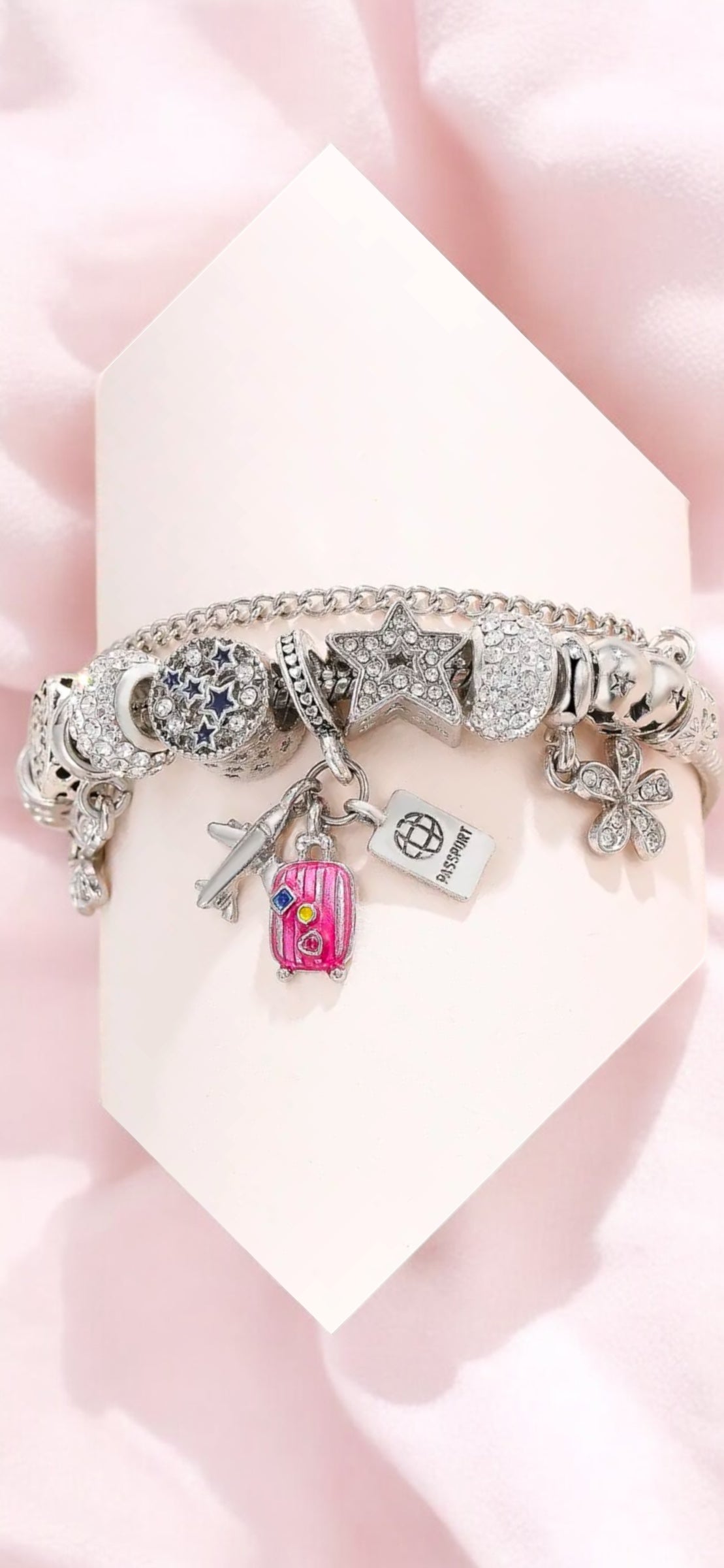 Travel-Themed Charm Bracelet with Sparkling Accents