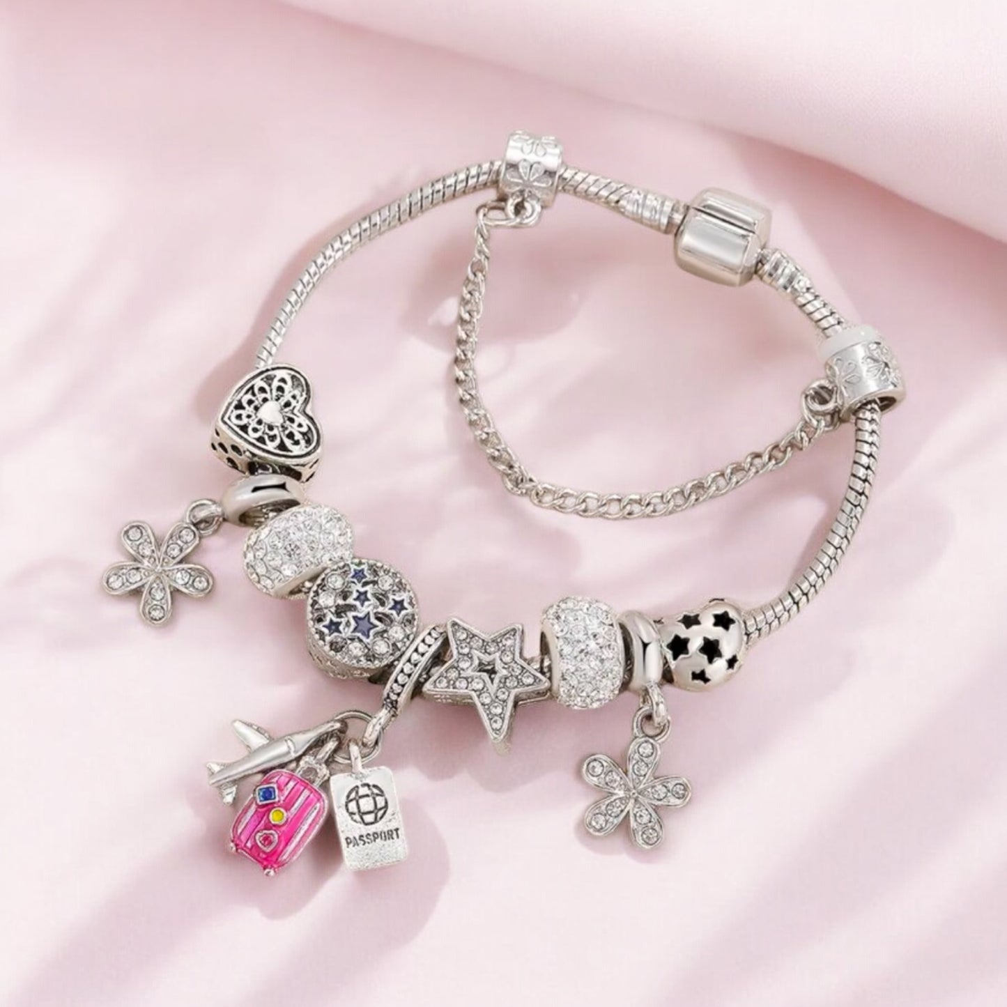 Travel-Themed Charm Bracelet with Sparkling Accents