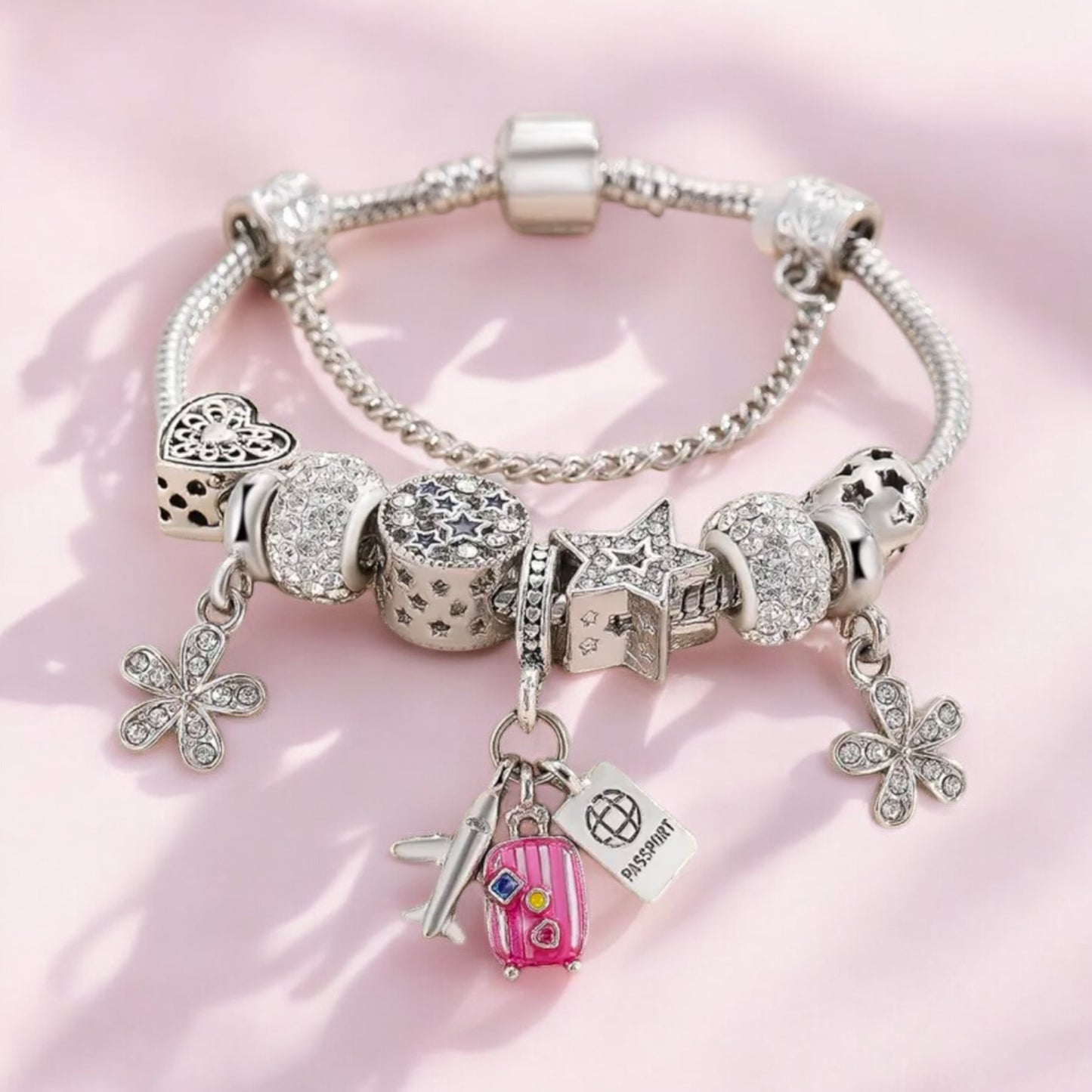 Travel-Themed Charm Bracelet with Sparkling Accents
