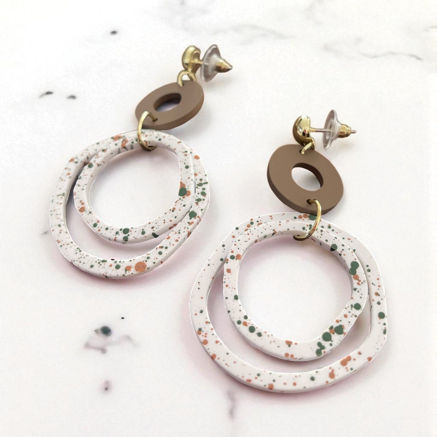 Gold & Tan Accents with White Splash Dot Earrings