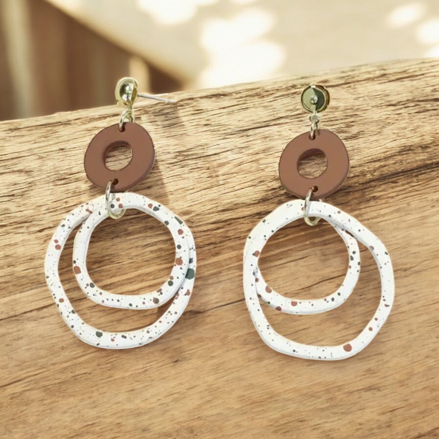 Gold & Tan Accents with White Splash Dot Earrings