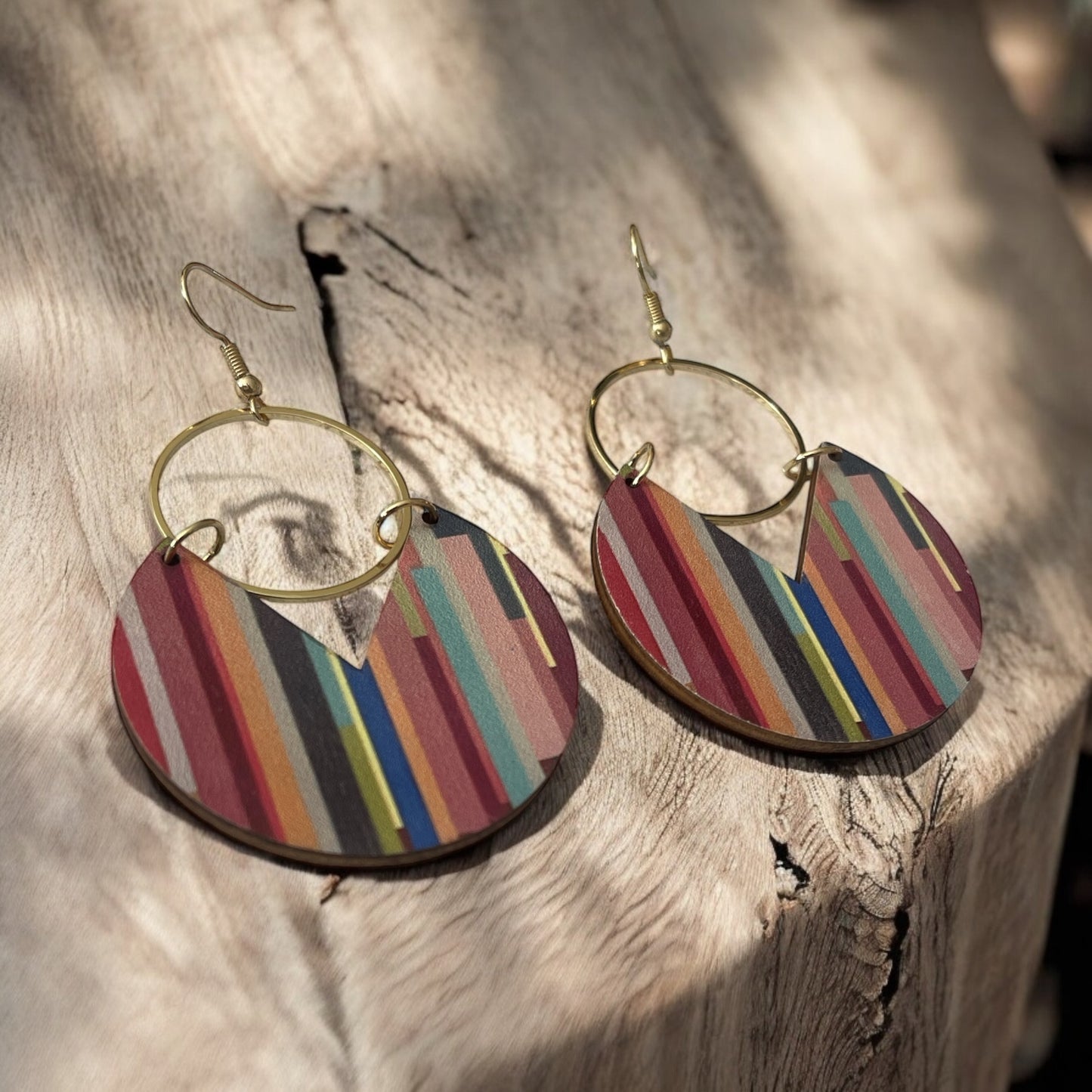 Bold Striped Boho Wood Hoop Earrings