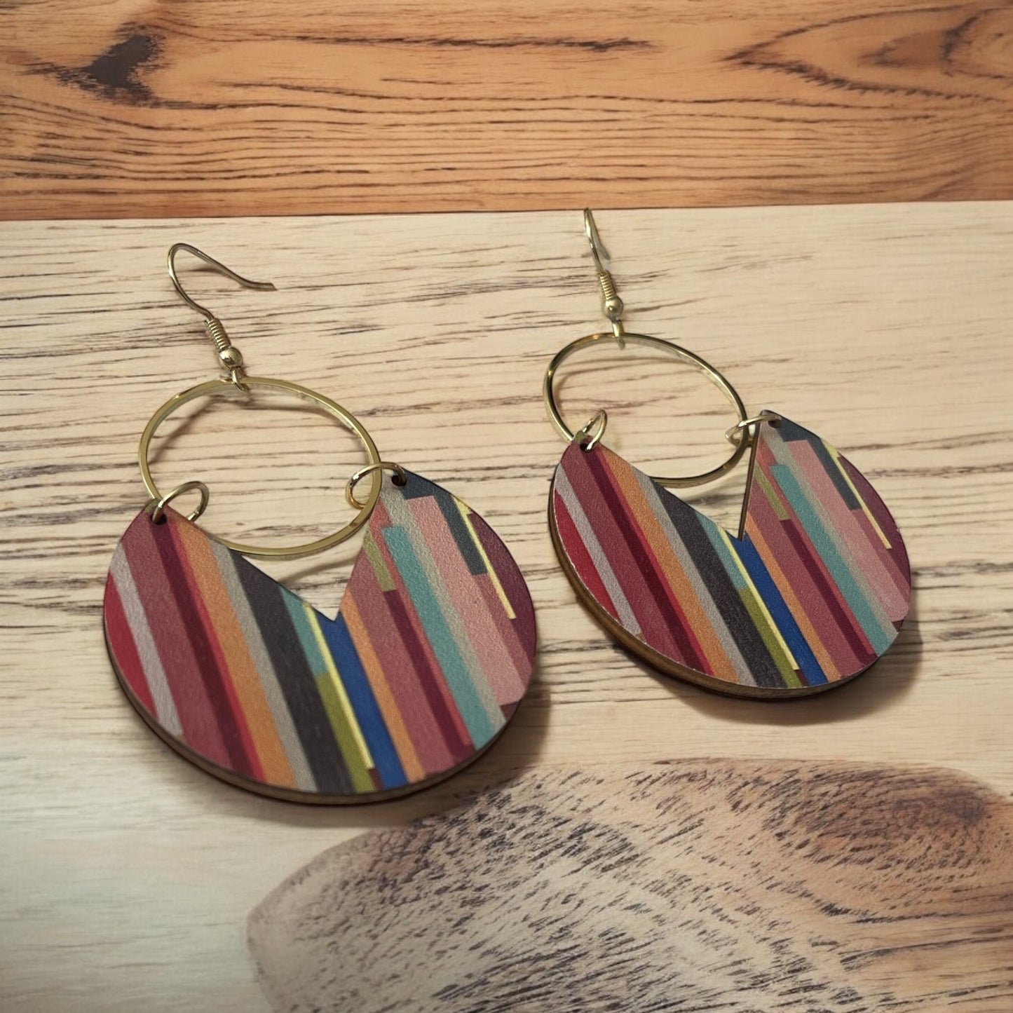 Bold Striped Boho Wood Hoop Earrings