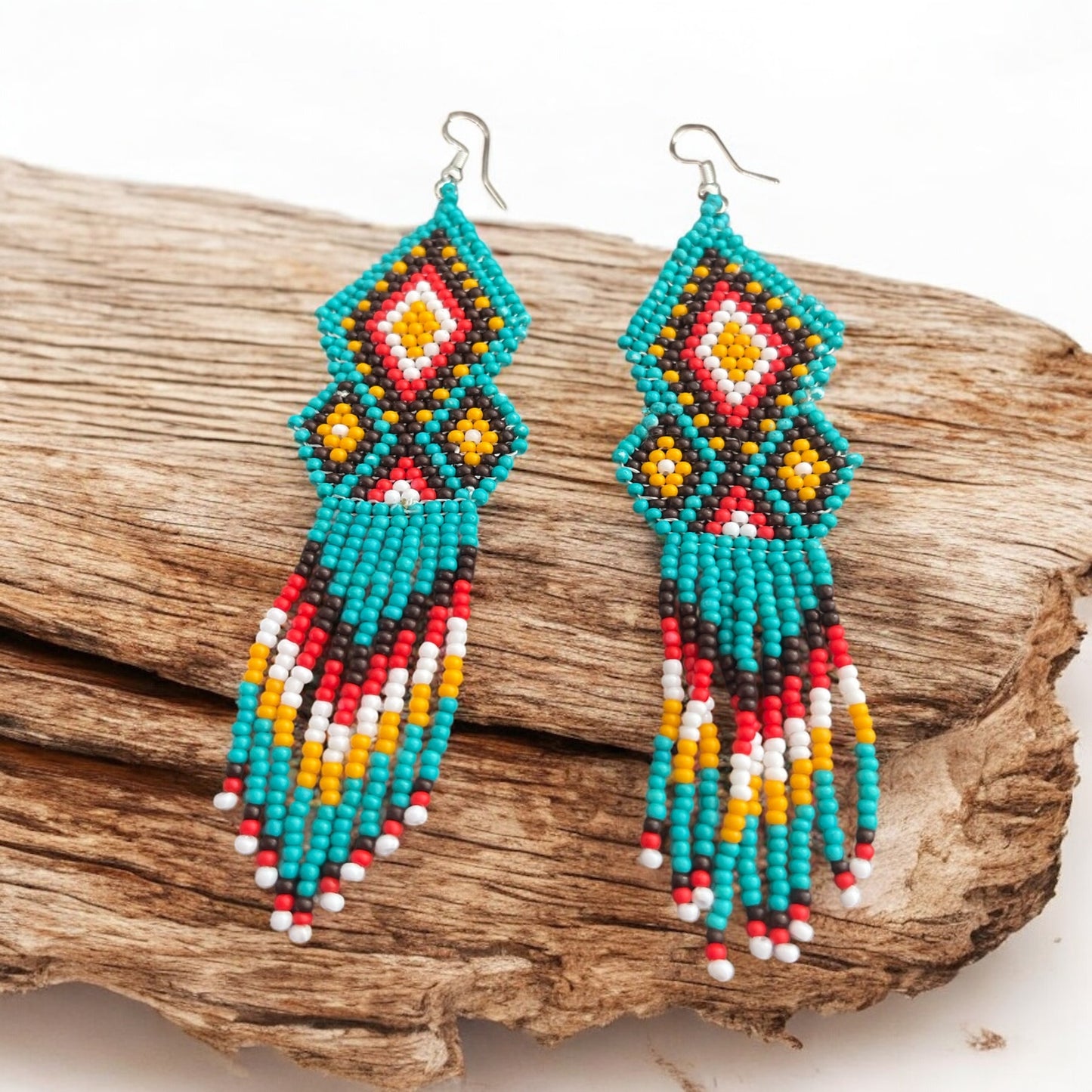 Boho Beaded Fringe Earrings – Turquoise, Red, and Yellow Western Style