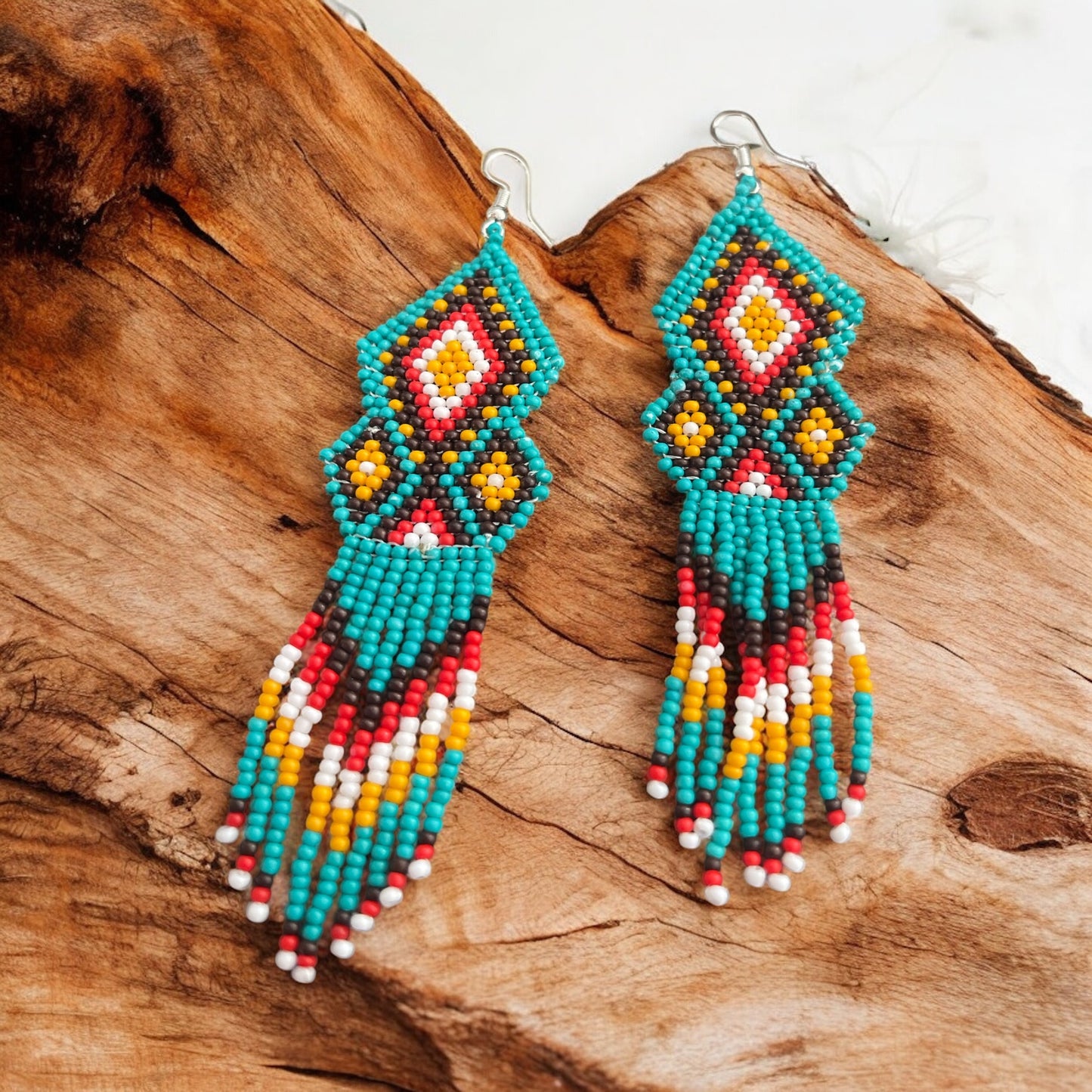 Boho Beaded Fringe Earrings – Turquoise, Red, and Yellow Western Style