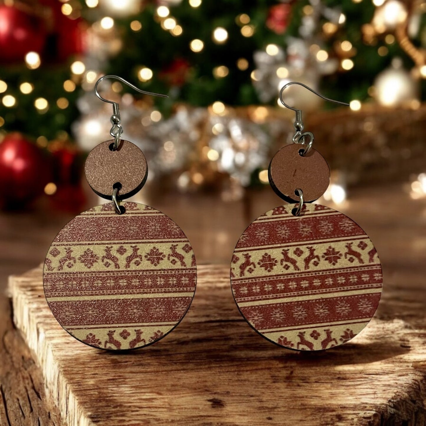 Snowflake Reindeer Round Wood Earrings