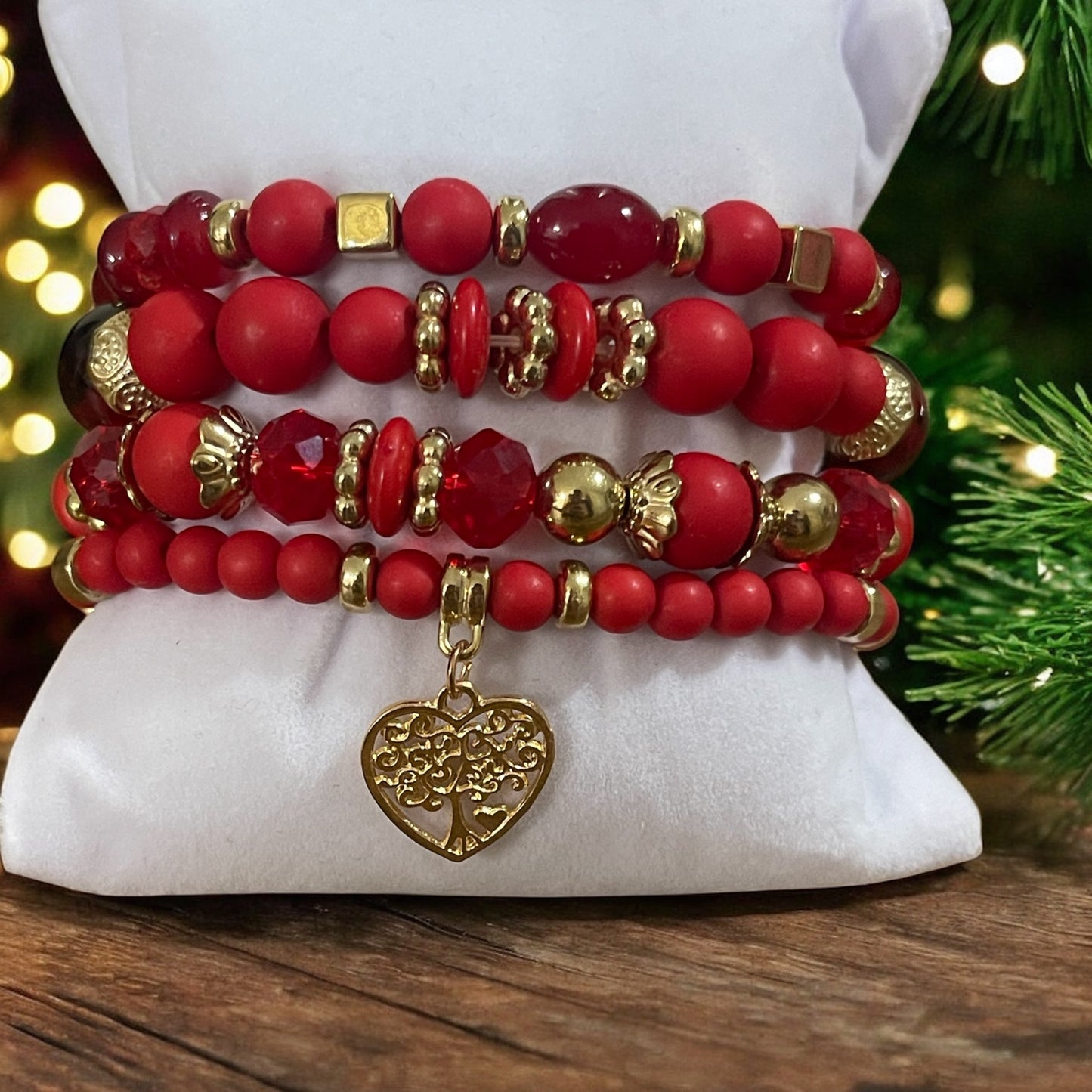 Red Radiance 4-Piece Bracelet Stack – Bold Reds with Gold Accents
