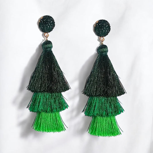 Emerald Cascade: Green Tiered Tassel Earrings