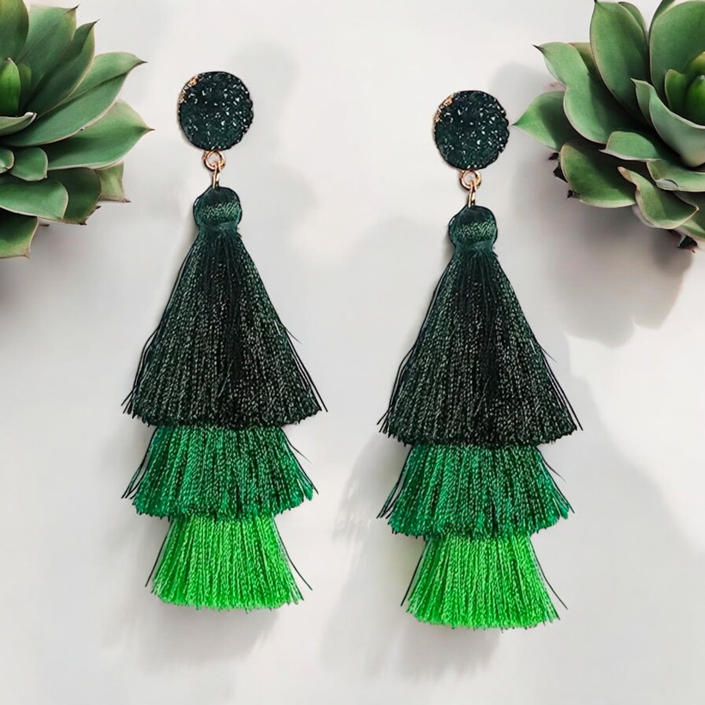 Emerald Cascade: Green Tiered Tassel Earrings