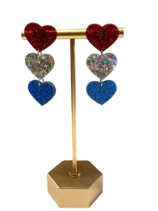 Triple Sparkle Patriotic Heart Earrings