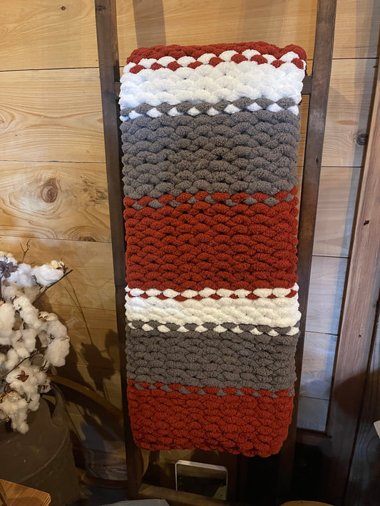 Handmade Crimson, Gray, and White  Chunky Chenille Blanket