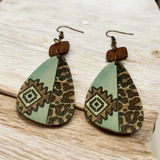 Aqua & Cheetah Print Wooden Earrings
