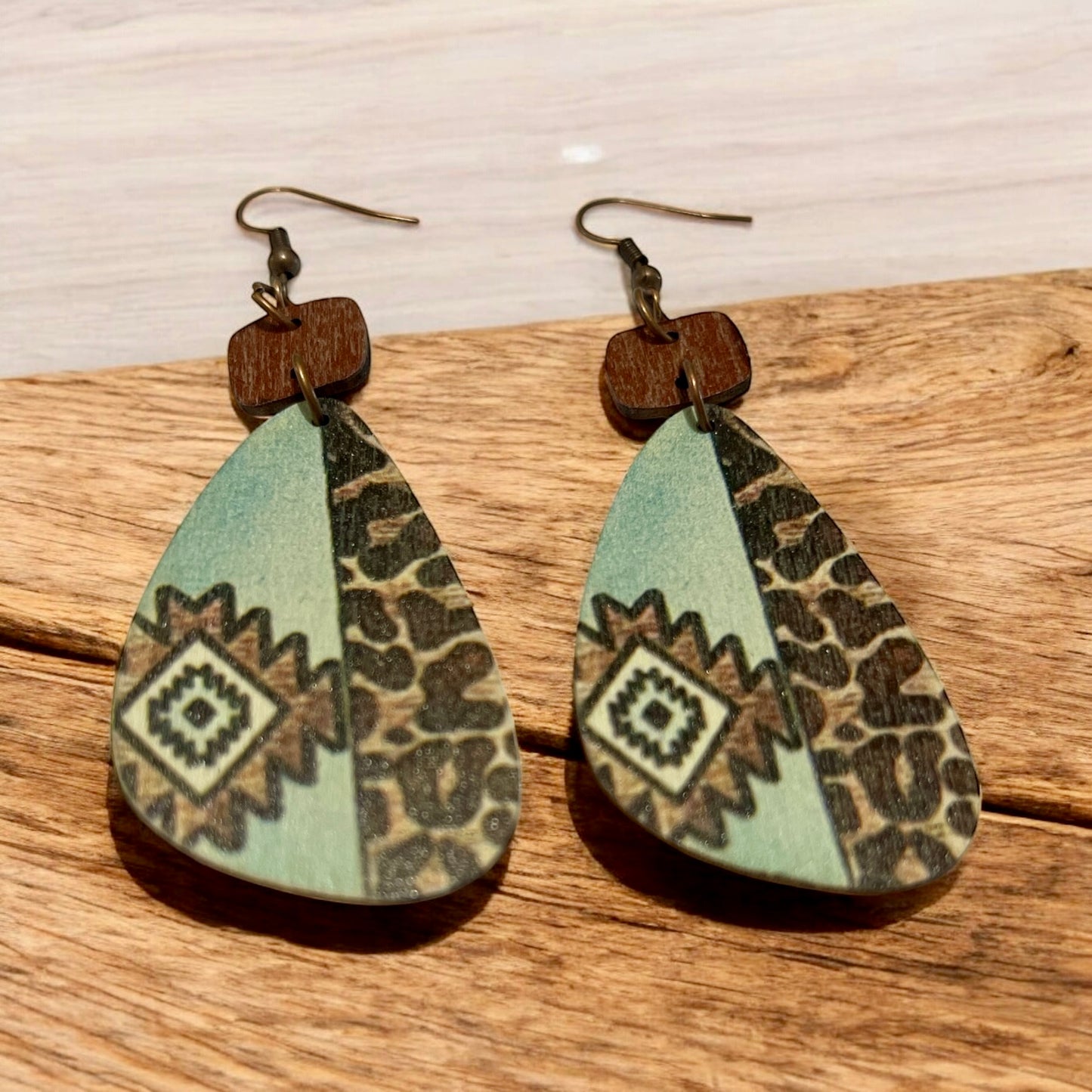 Aqua & Cheetah Print Wooden Earrings