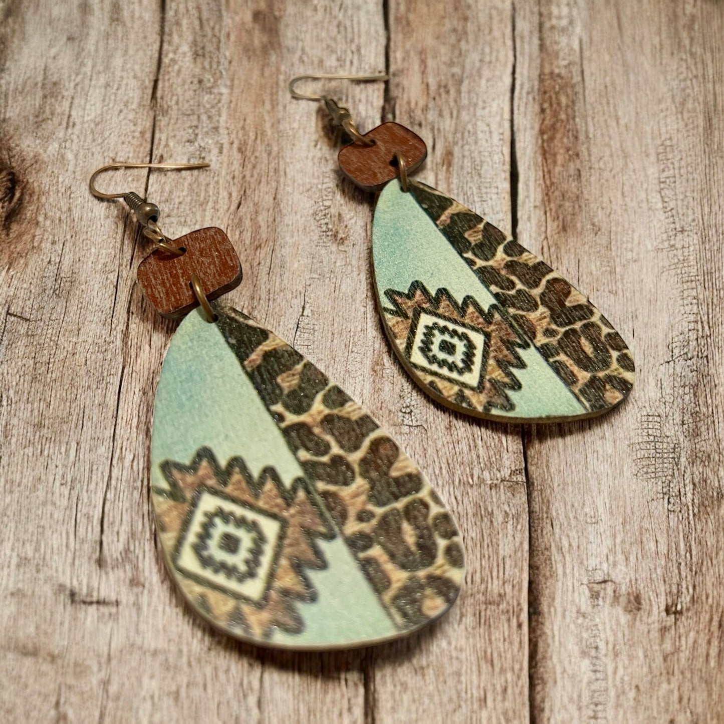 Aqua & Cheetah Print Wooden Earrings
