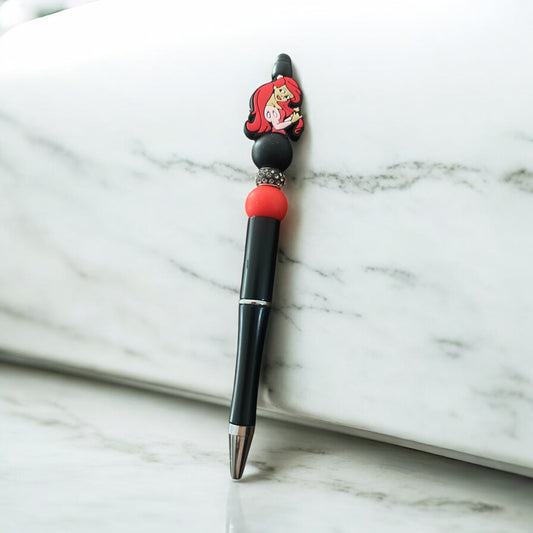 Black Ink Pen with Ariel Focal Bead – Red & Black Rhinestone Accents