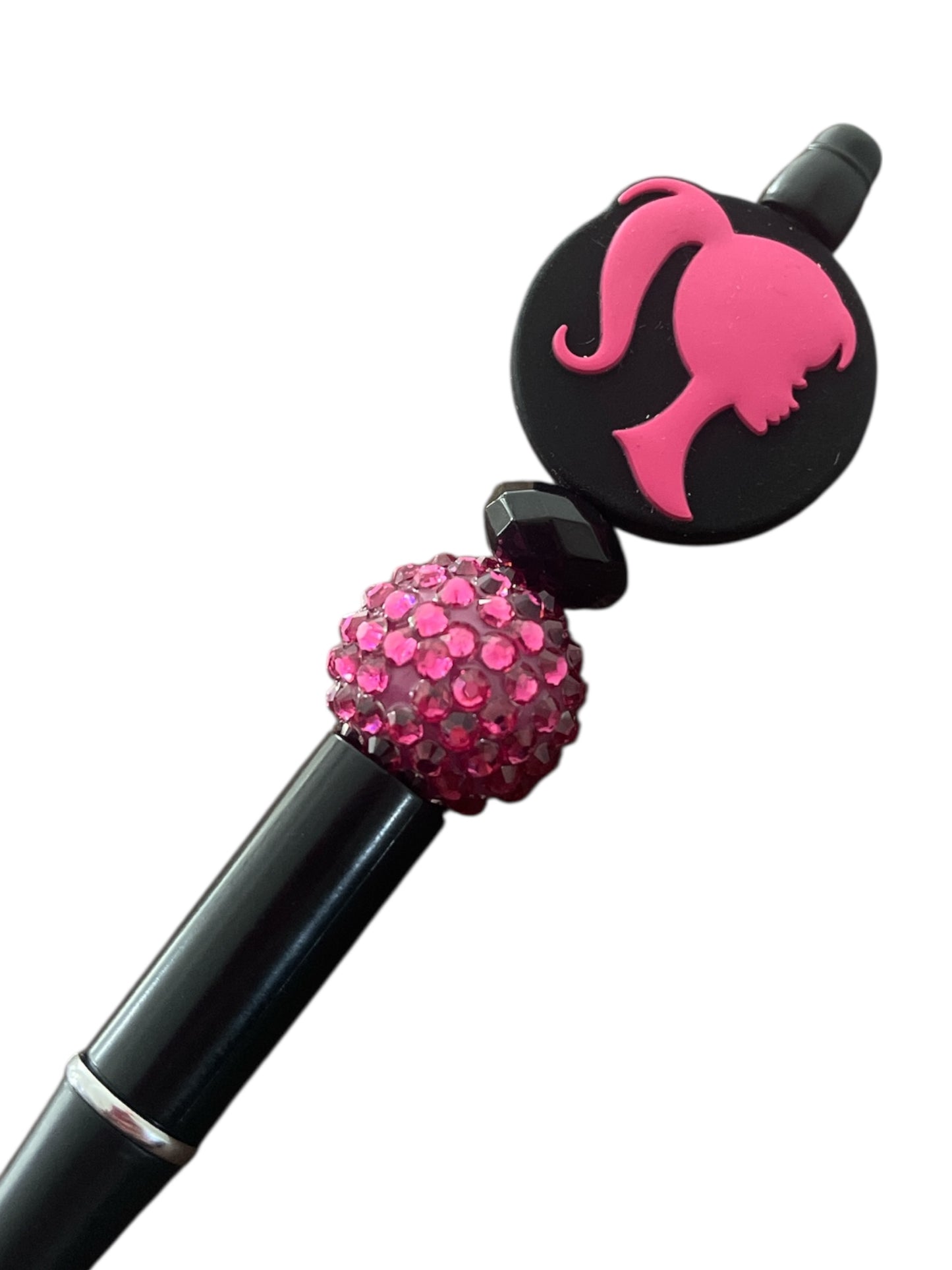 Barbie Silhouette Silicone Beaded Pen – Pink Rhinestone & Black Beads with Refillable Ink