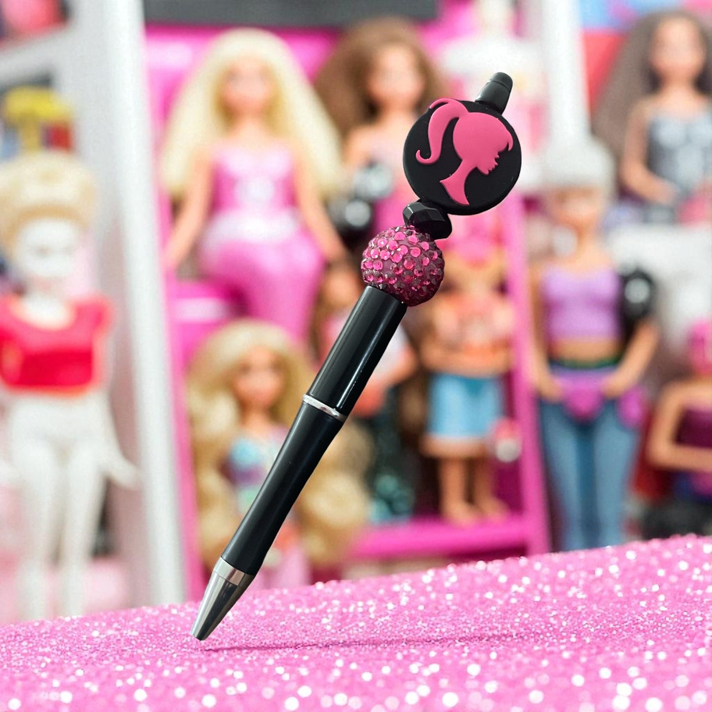Barbie Silhouette Silicone Beaded Pen – Pink Rhinestone & Black Beads with Refillable Ink