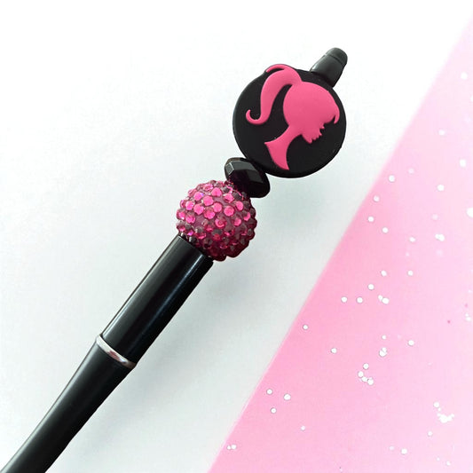 Barbie Silhouette Silicone Beaded Pen – Pink Rhinestone & Black Beads with Refillable Ink