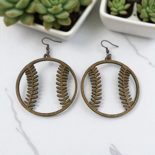 Handmade Laser-Cut Baseball Wood Earrings