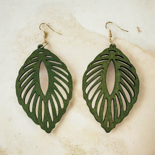 Nature-Inspired Green Wooden Leaf Earrings
