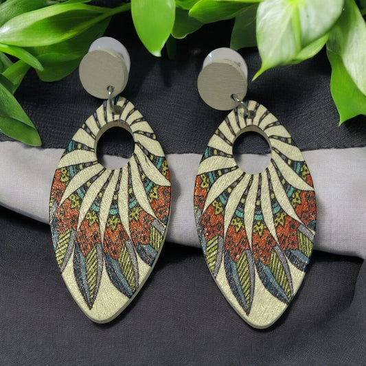 Natural Feather Wood Drop Earrings