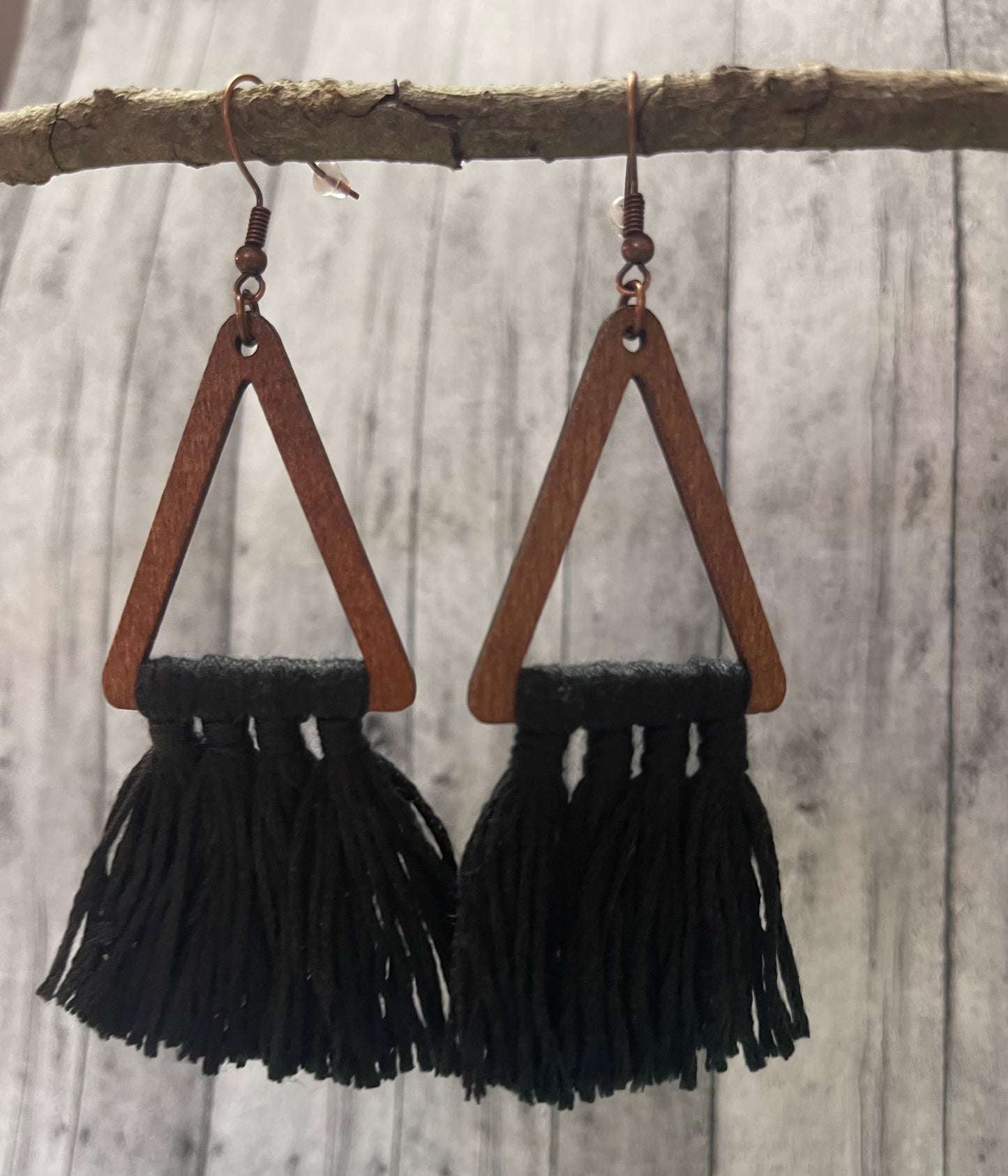 Black Tassel Wooden Triangle Earrings