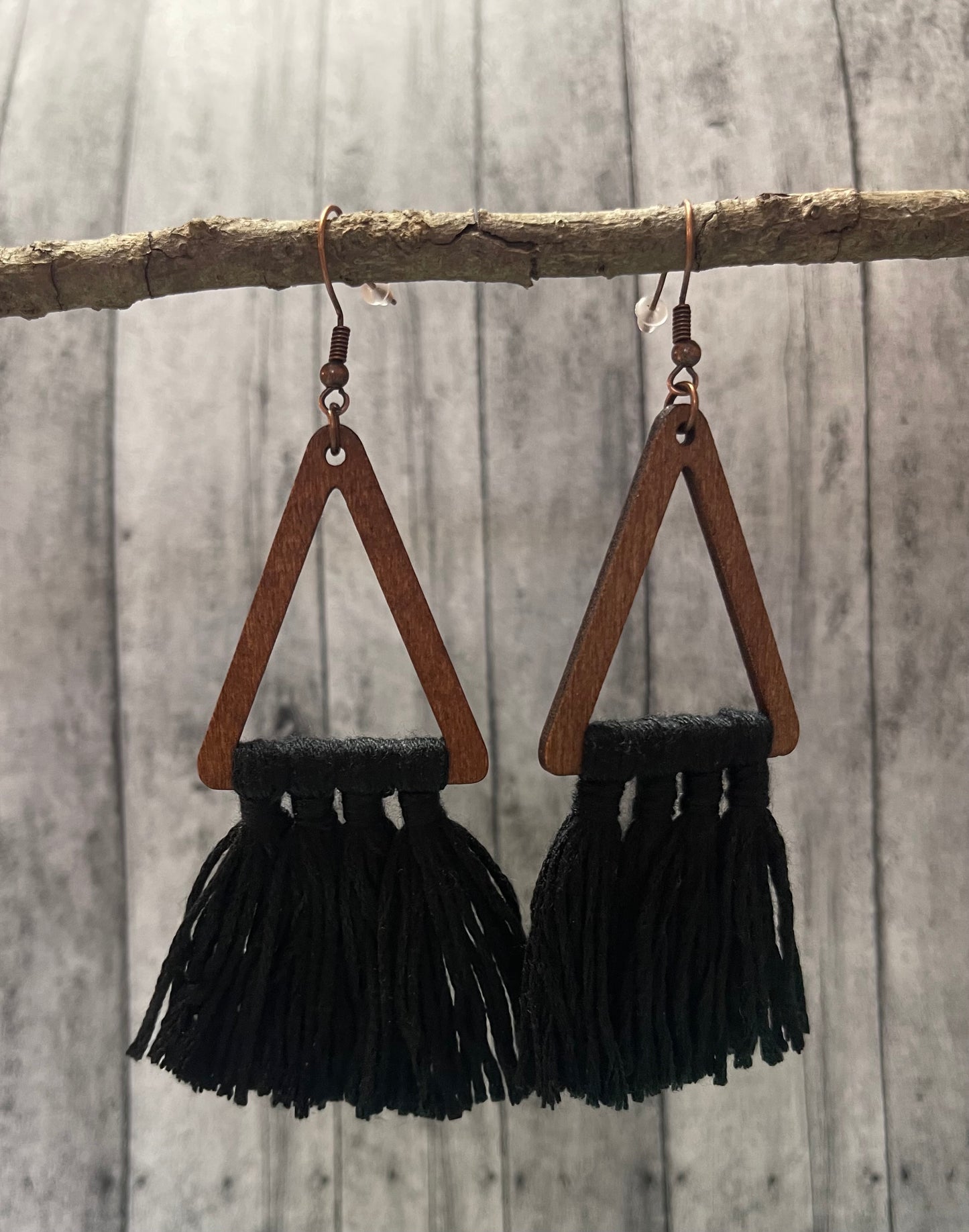 Black Tassel Wooden Triangle Earrings