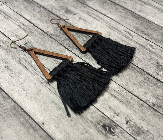 Black Tassel Wooden Triangle Earrings