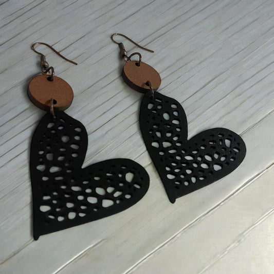 Faux Leather Heart & Wood Earrings