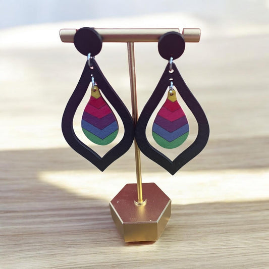Bold Bloom Drops – Multicolor Layered Wood Earrings