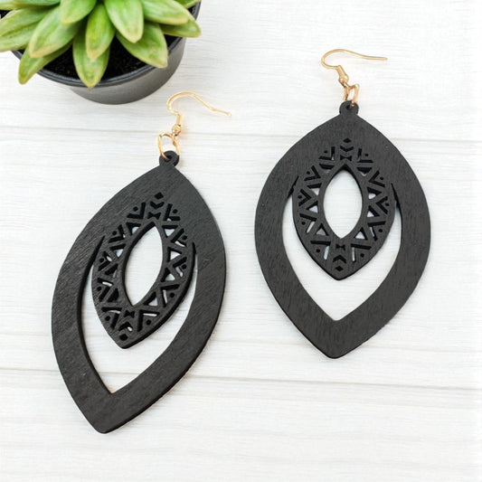 Black Wood Laser Cut Earrings with Gold Ear Wire