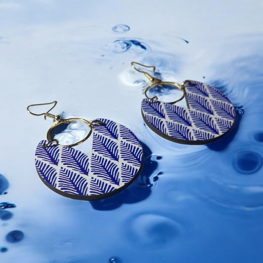 Blue Fern Pattern Hoop Earrings