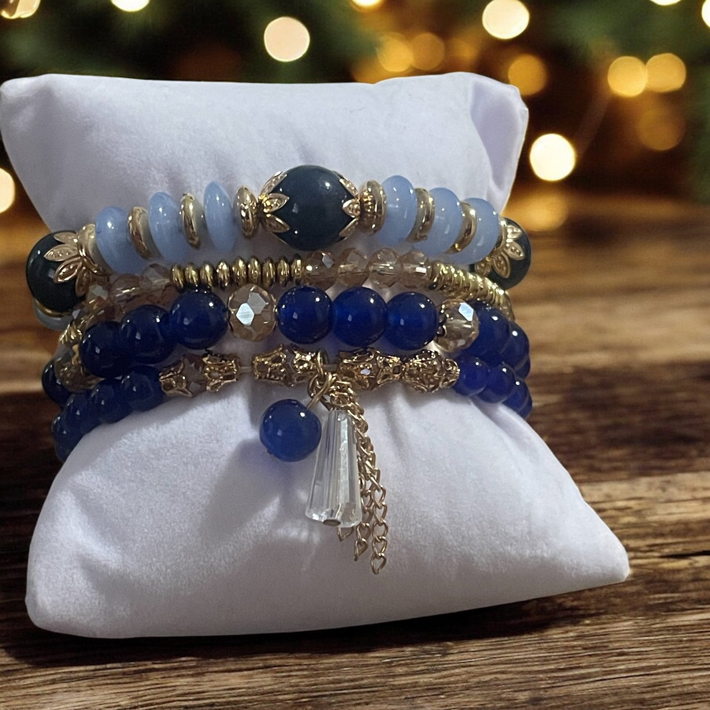 Blue Breeze 4-Piece Bracelet Stack – Gold Accents, Clear Bead & Chain Detail