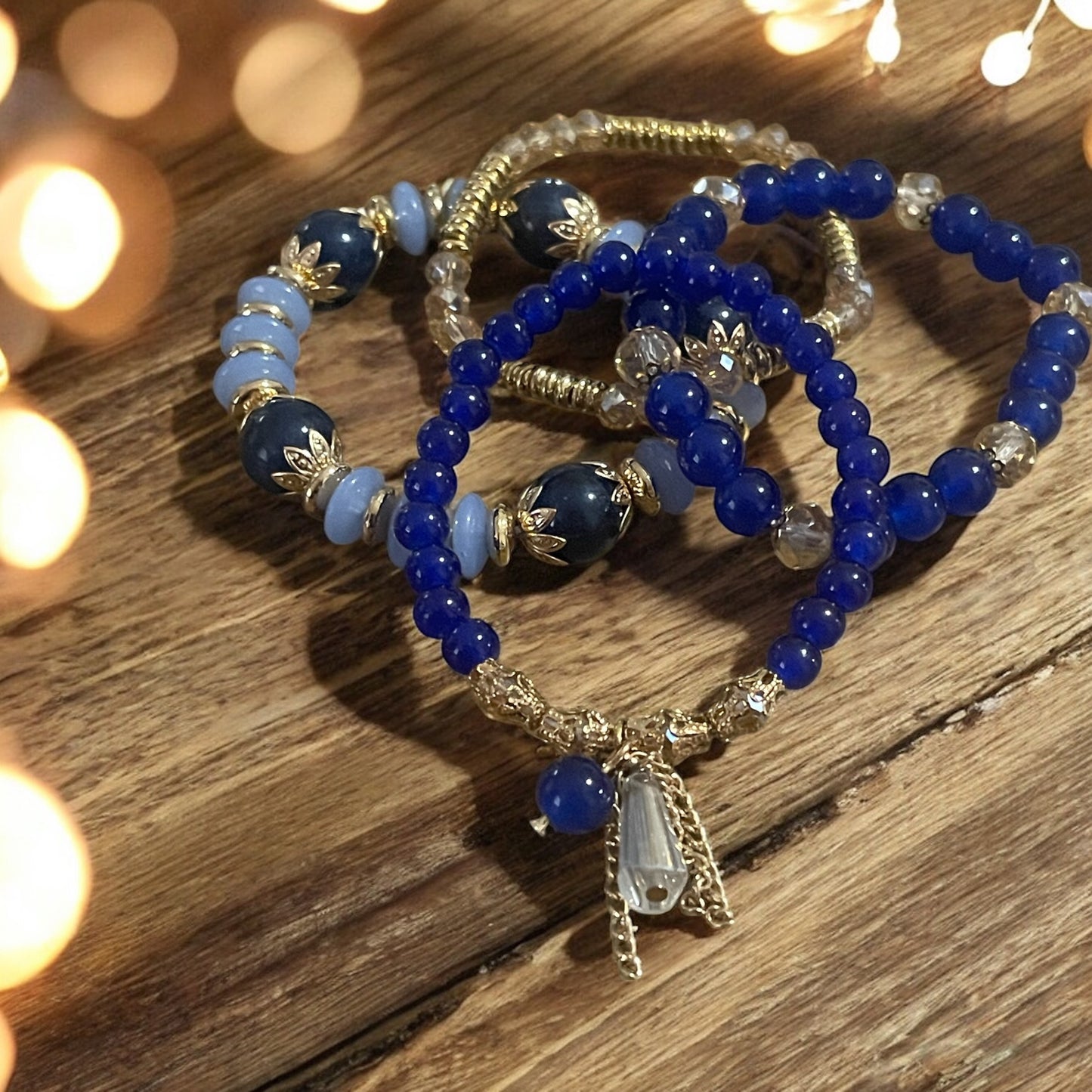 Blue Breeze 4-Piece Bracelet Stack – Gold Accents, Clear Bead & Chain Detail