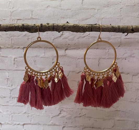 Blush Pink Tassel Hoop Earrings-Boho Chic Accessory