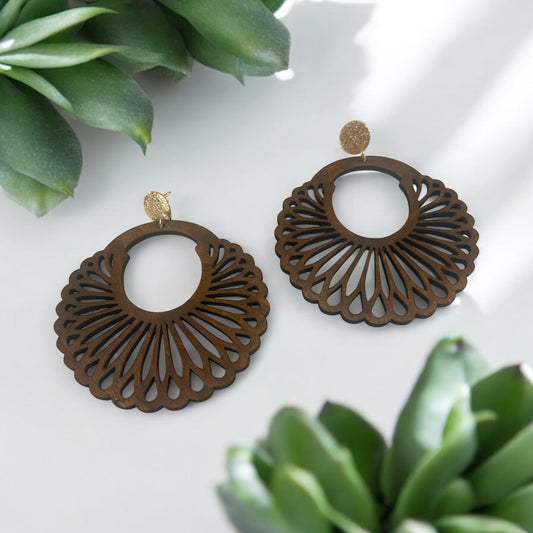 Boho Chic Laser-Cut Wooden Fan Earrings – Lightweight Statement Jewelry