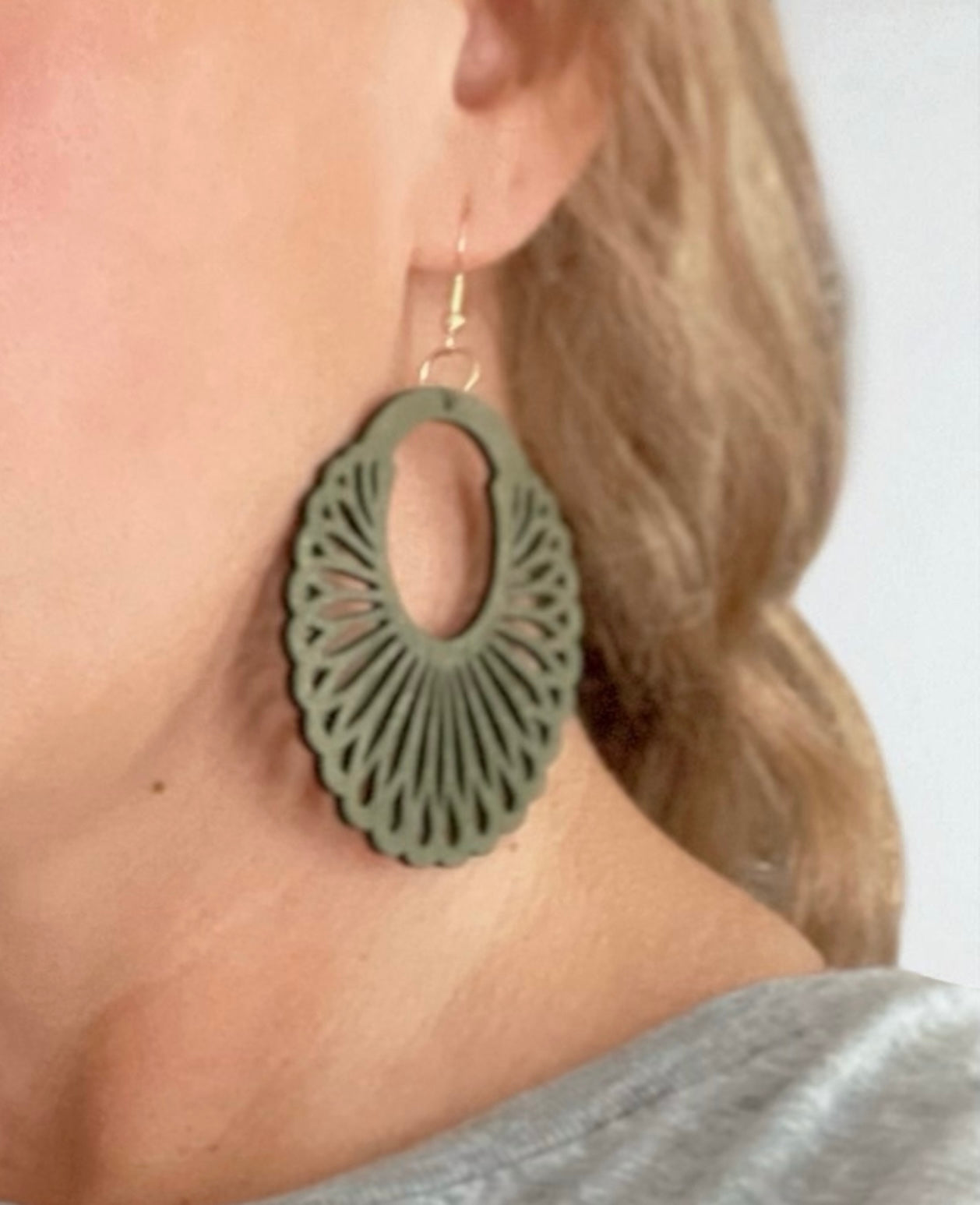 Olive Green Boho Laser-Cut Wooden Fan Earrings – Lightweight Statement Jewelry