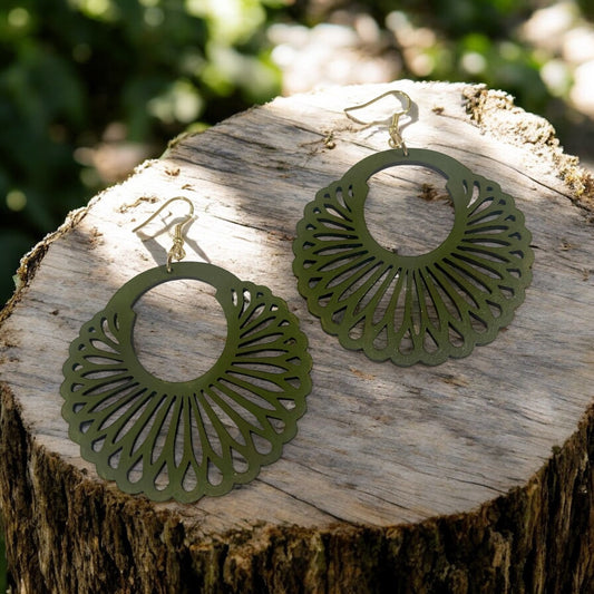 Olive Green Boho Laser-Cut Wooden Fan Earrings – Lightweight Statement Jewelry