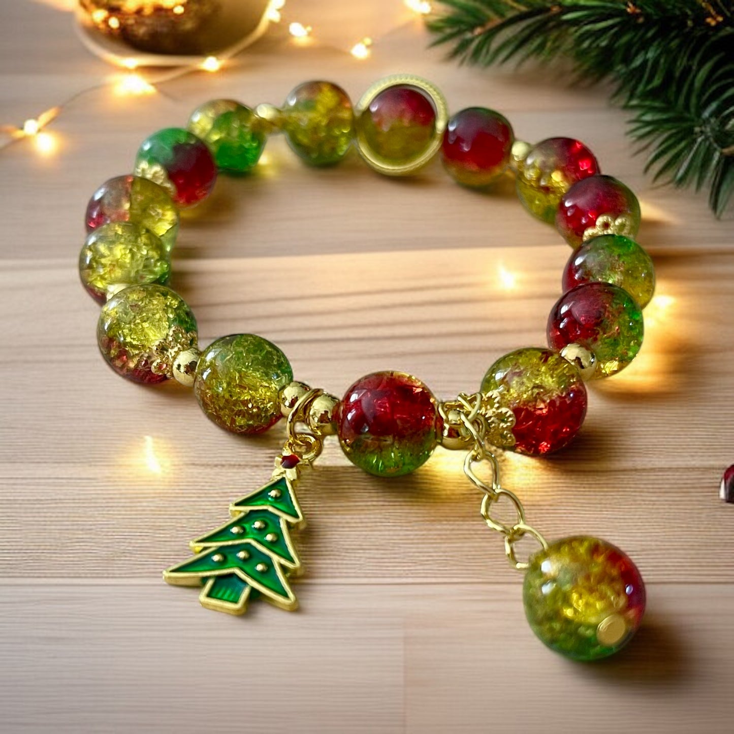 Festive Christmas Bracelet with Red, Green & Gold Beads and Christmas Tree